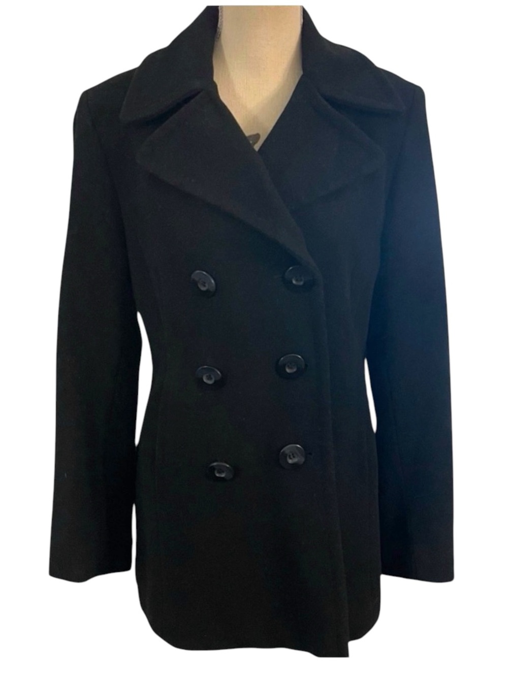 Perry Ellis Portfolio Black Wool Cashmere Blend Double Breasted Coat (8)